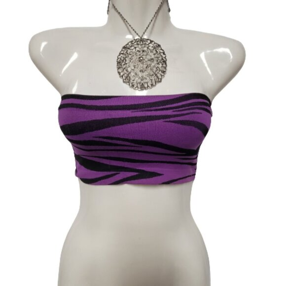 Purple Black Zebra Print Stretchy Elastic Tube Top Animal Print Bandeau Crop Top - Picture 1 of 10